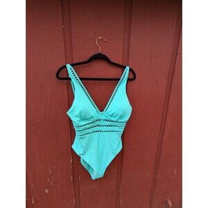 Becca By Rebecca Virtue Toni Ribbed Plunge One Piece Swimsuit Size XL Aqua